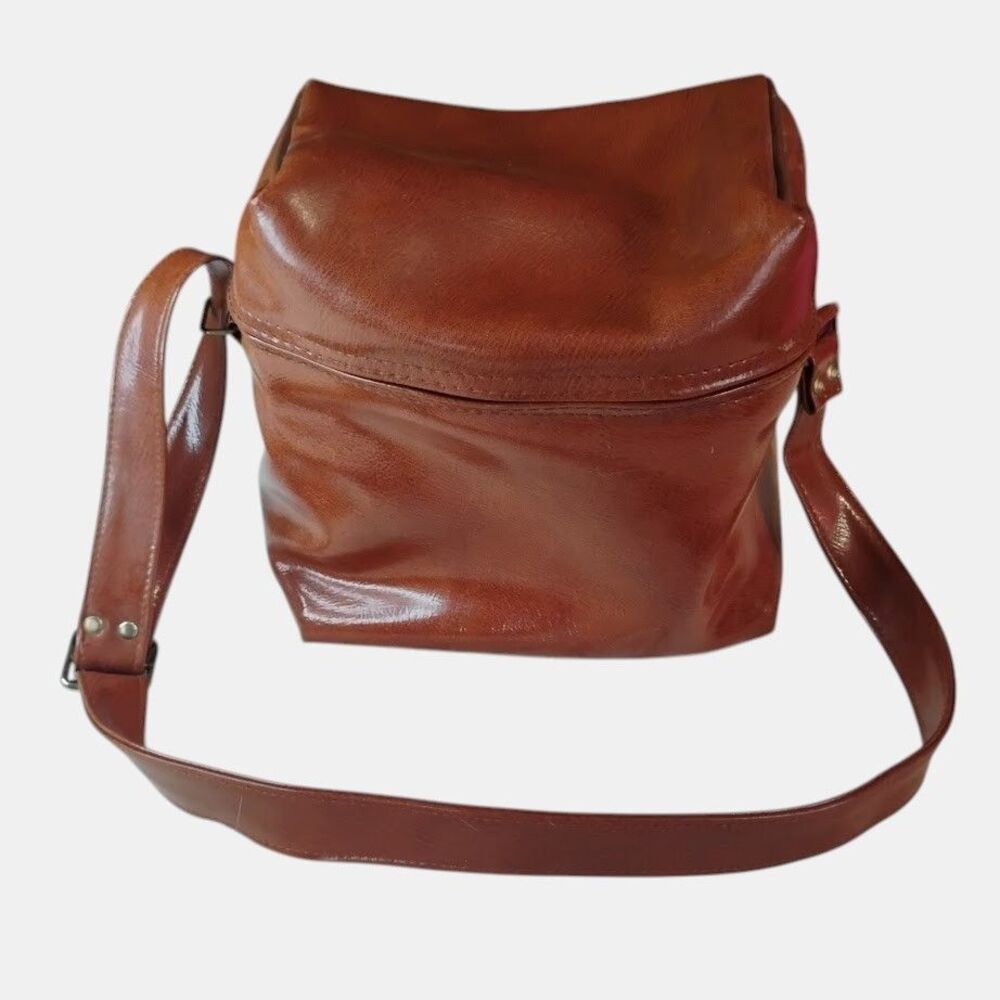 Vintage Brown Faux Leather Camera Bag Crossbody Case Taiwan 70s Gear Travel 9x9 - Picture 1 of 16